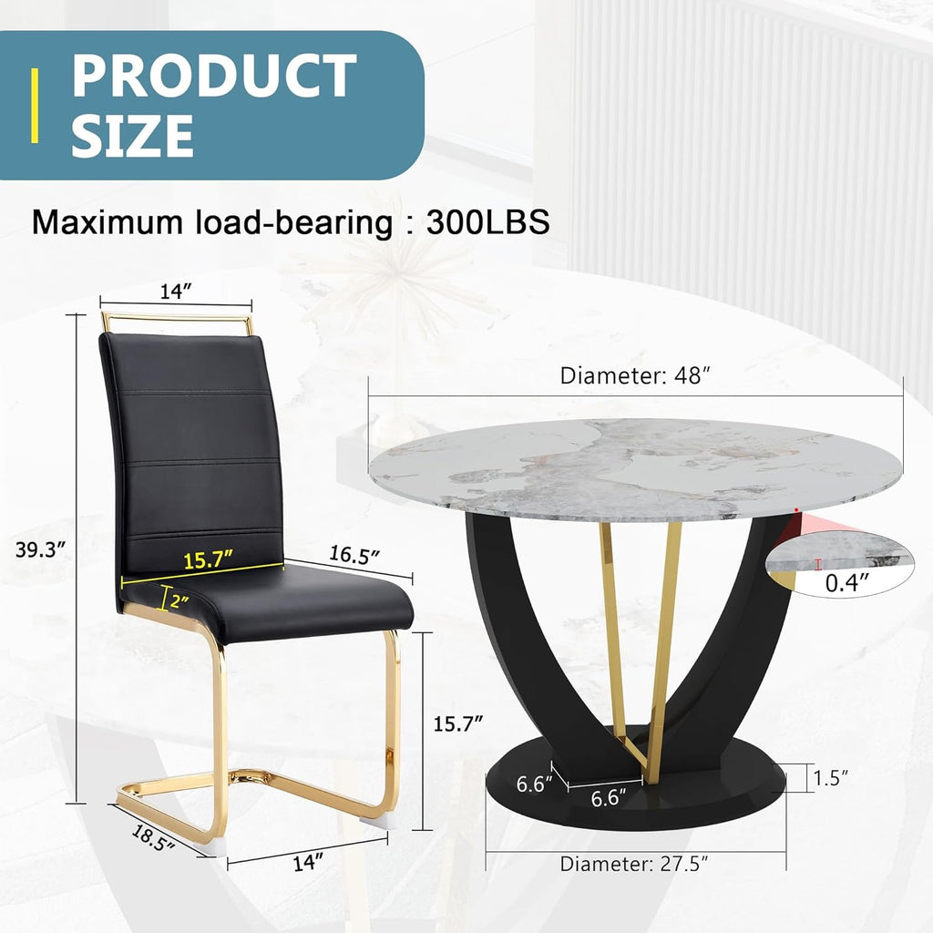 JUFU 48" Round Faux Marble Dining Table Set for 4 | Modern Upholstered Dining Chairs