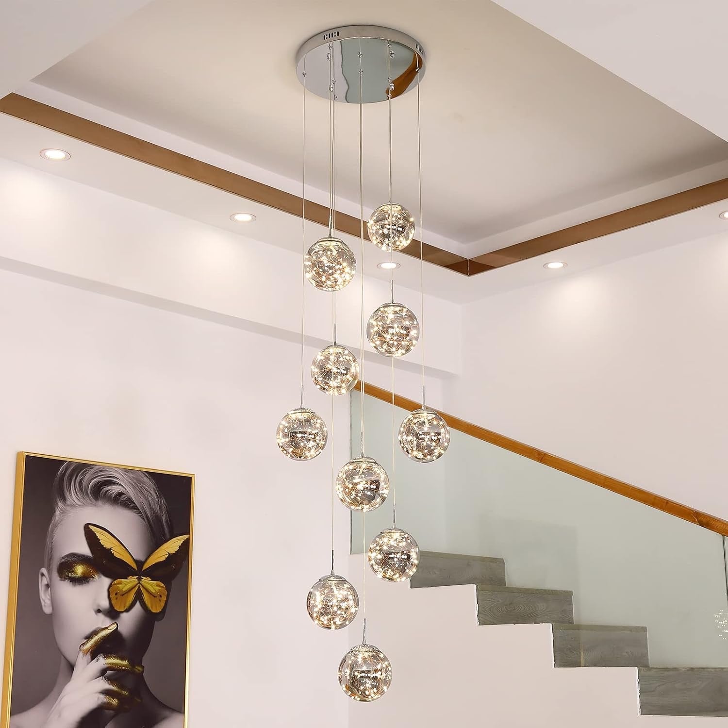 10-Light LED Staircase Crystal Chandelier | Modern Ceiling Light for High Ceilings (Grey, 50W)