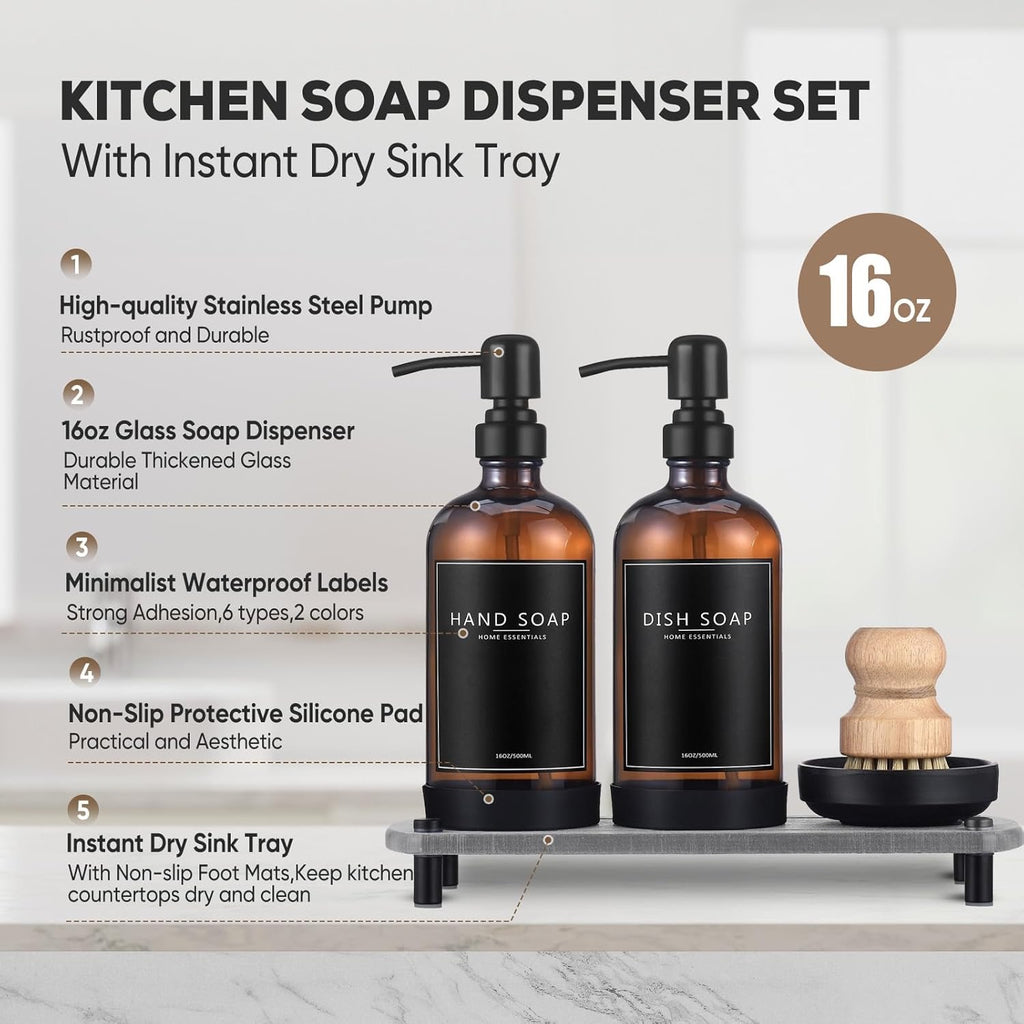 Amber Glass Kitchen Soap Dispenser Set 16 oz | Dual Hand & Dish Soap Bottles with Stainless Steel Pump & Tray
