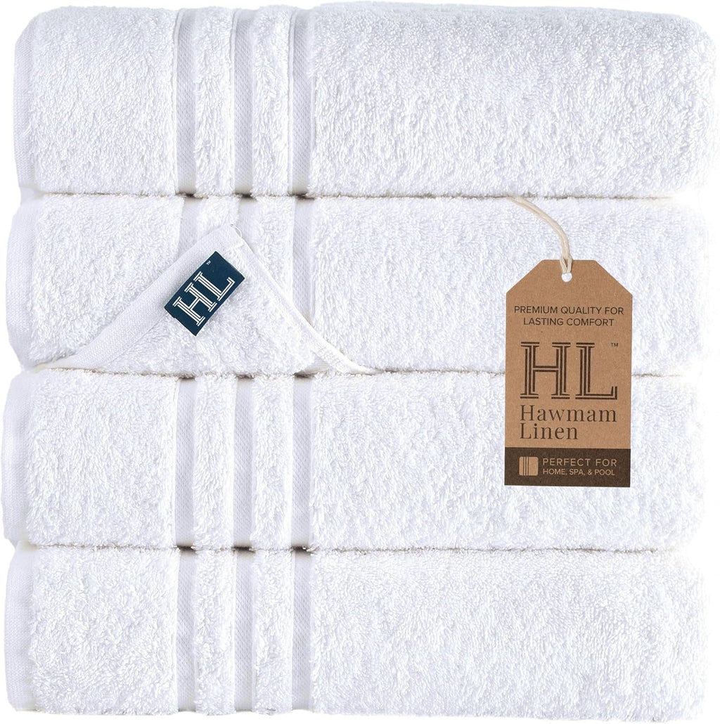 Hawmam Linen 100% Turkish Cotton Bath Towels | 4-Pack Soft Absorbent White Towels (27” x 54”)