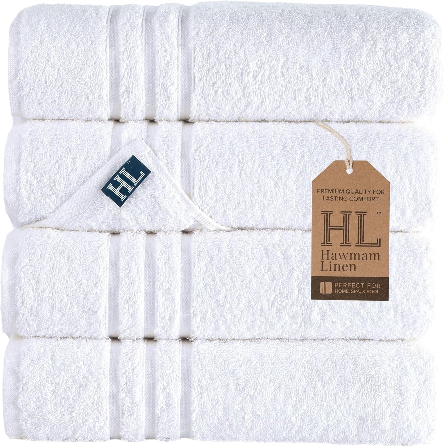 Hawmam Linen 100% Turkish Cotton Bath Towels | 4-Pack Soft Absorbent White Towels (27” x 54”)