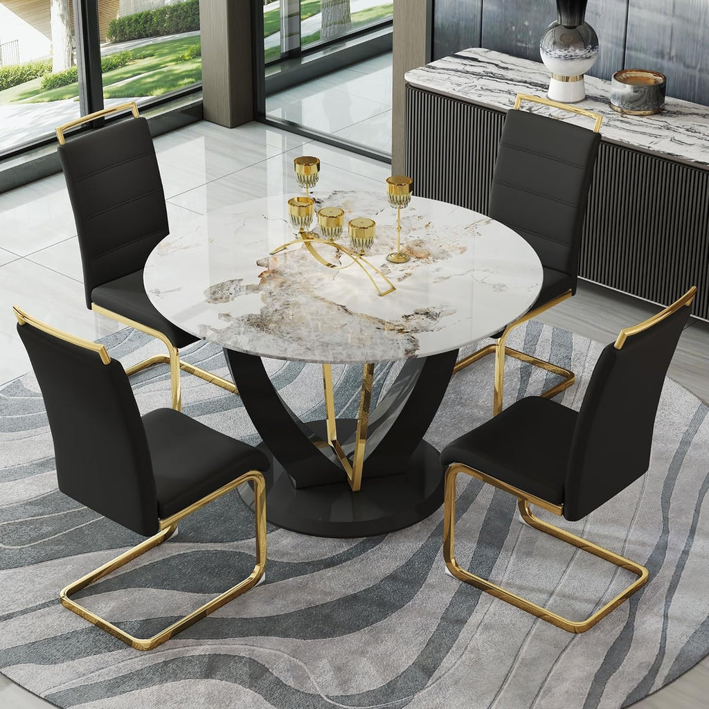 JUFU 48" Round Faux Marble Dining Table Set for 4 | Modern Upholstered Dining Chairs