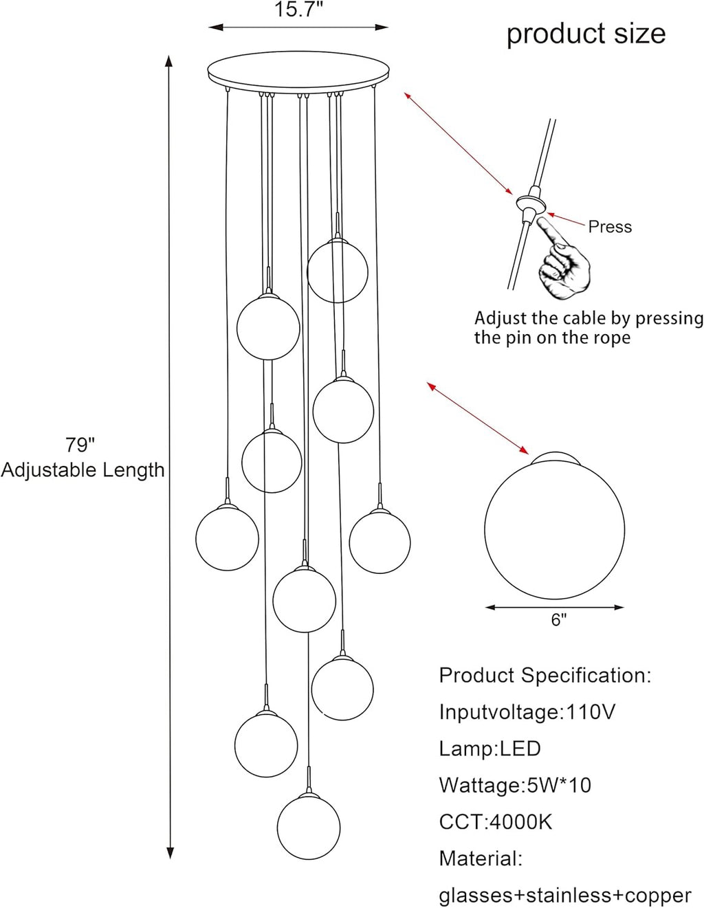 10-Light LED Staircase Crystal Chandelier | Modern Ceiling Light for High Ceilings (Grey, 50W)