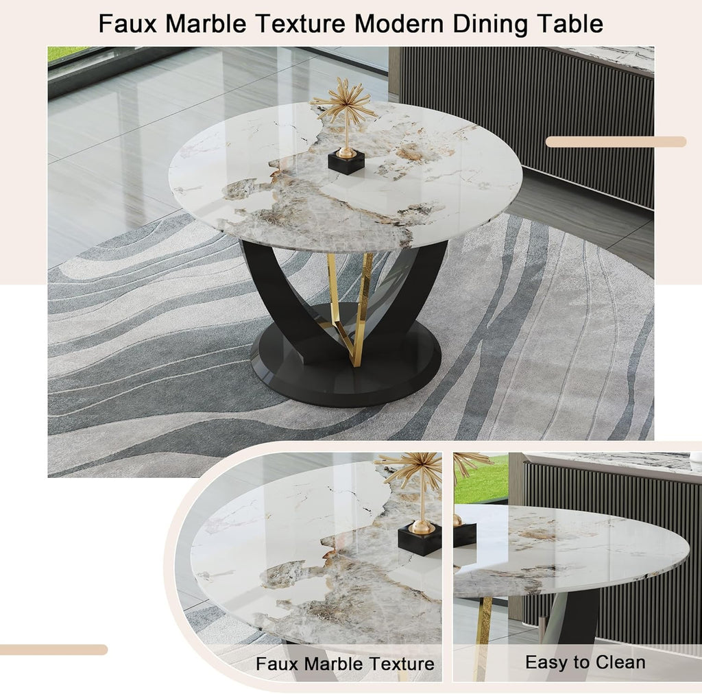 JUFU 48" Round Faux Marble Dining Table Set for 4 | Modern Upholstered Dining Chairs