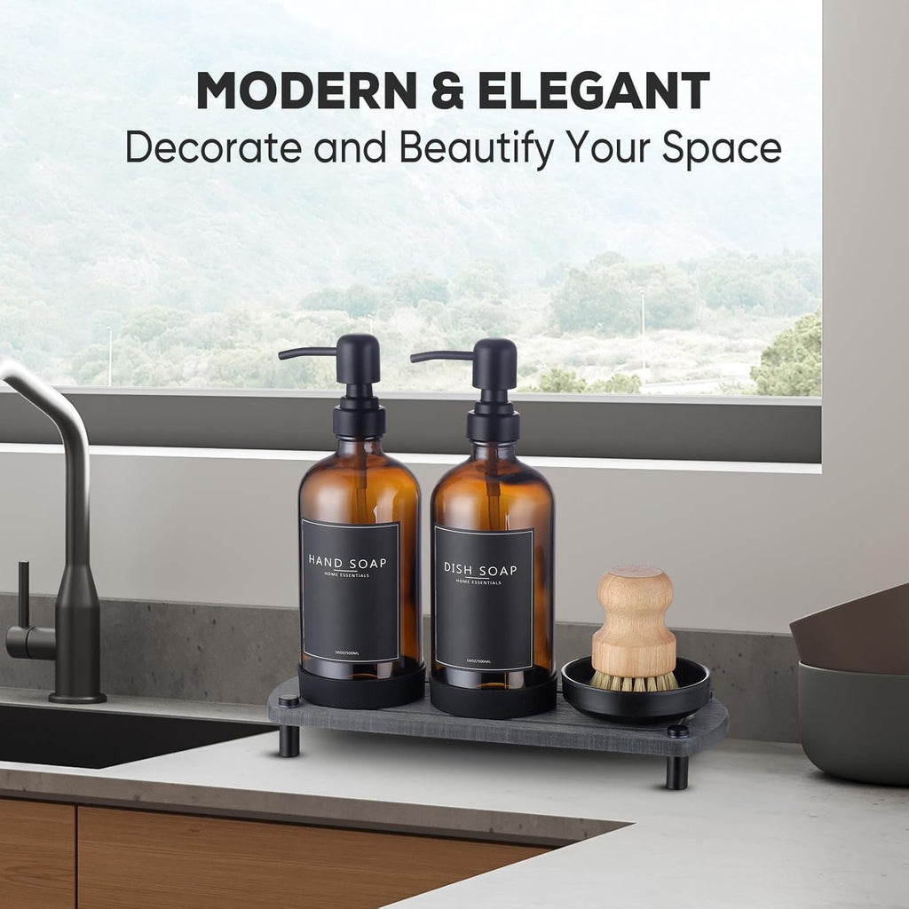 Amber Glass Kitchen Soap Dispenser Set 16 oz | Dual Hand & Dish Soap Bottles with Stainless Steel Pump & Tray