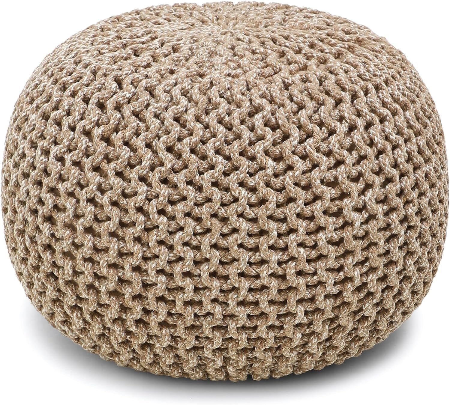 REDEARTH Hand-Knitted Cotton Pouf Ottoman | Round Cable Knit Pouffe – Beige Ivory