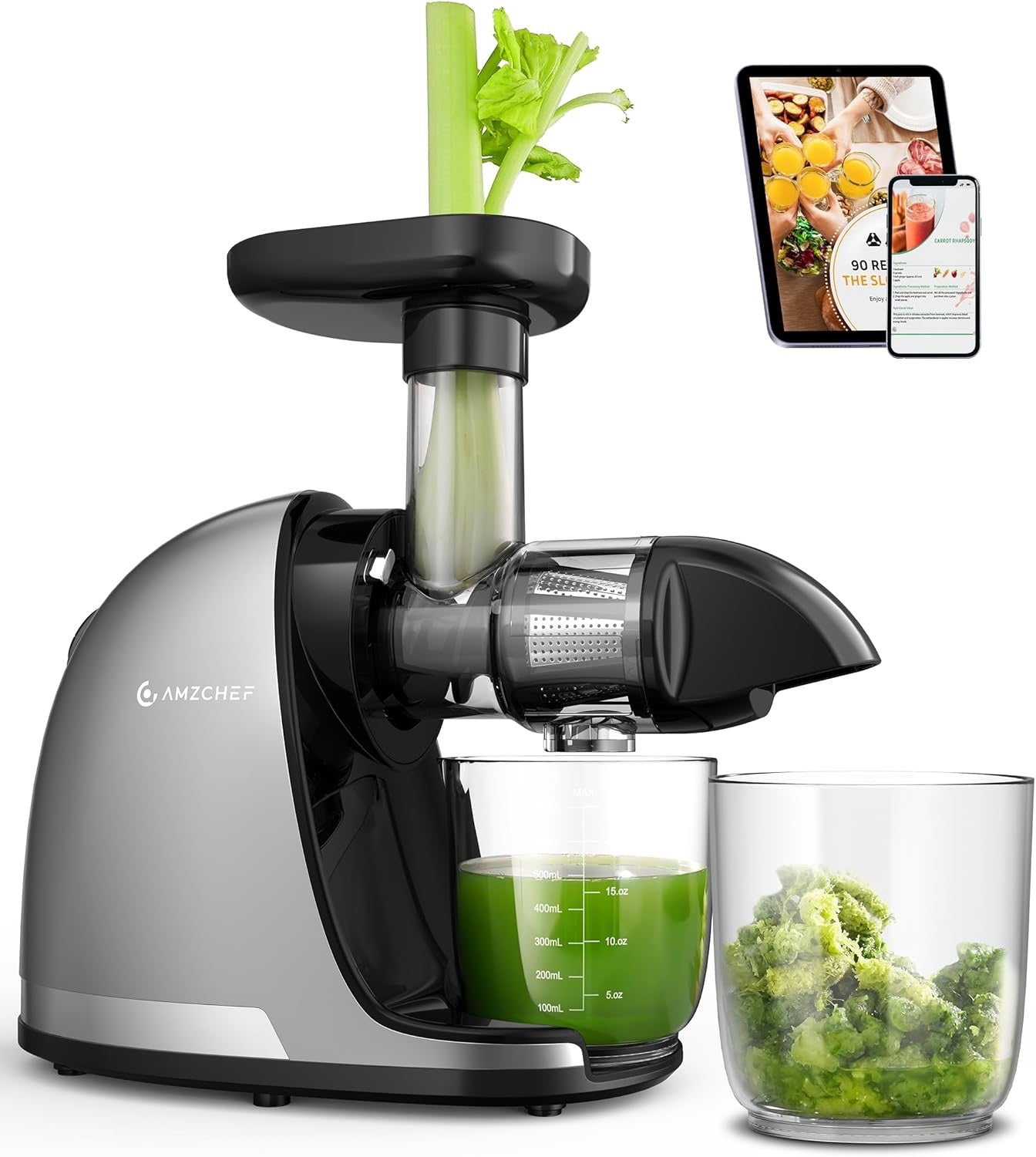 AMZCHEF Cold Press Masticating Juicer – Quiet Slow Juicer Machine with High Juice Yield