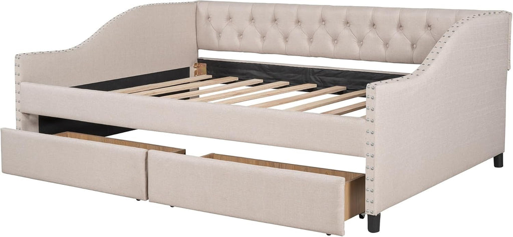 Flieks Linen Upholstered Full Daybed with Storage Drawers | Button-Tufted Sofa Bed with Nailhead Trim – Black