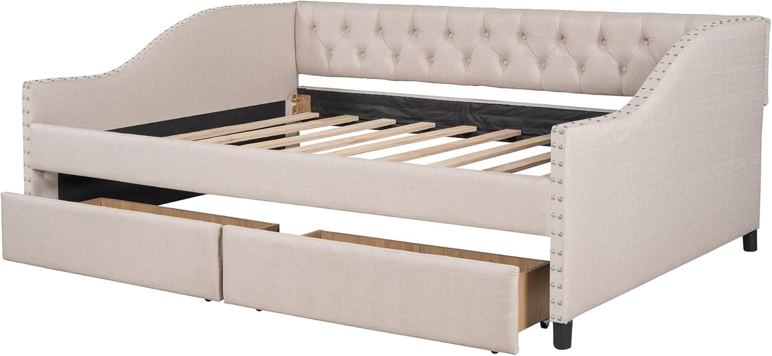 Flieks Linen Upholstered Full Daybed with Storage Drawers | Button-Tufted Sofa Bed with Nailhead Trim – Black