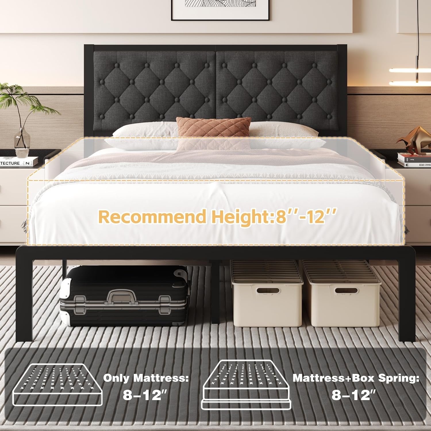 Queen Linen Upholstered Platform Bed Frame | Metal Slat Support Bed with Headboard (Grey)