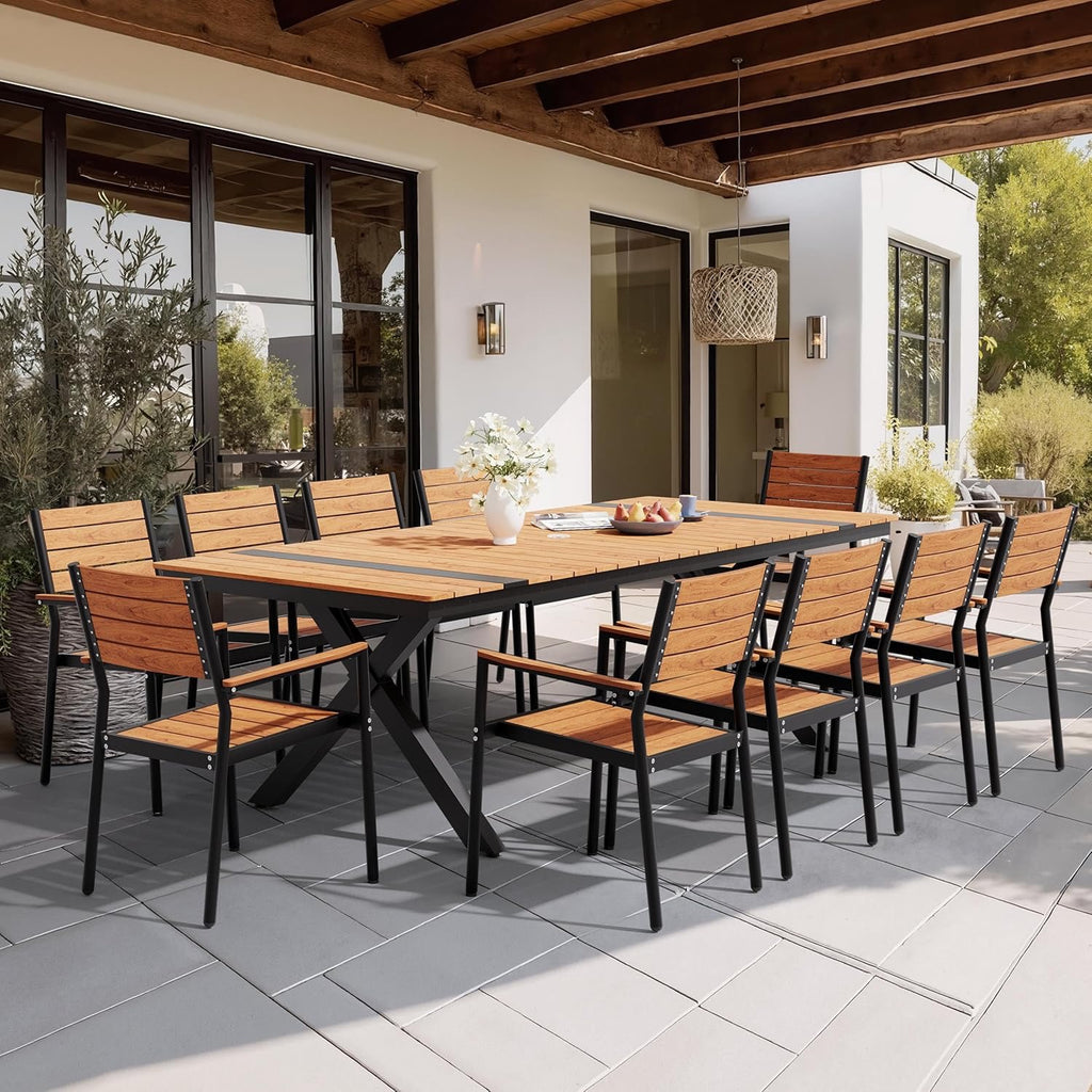 Pellebant 11-Piece Aluminum Patio Dining Set | 94” Outdoor Table with Stackable Chairs & Teak-Grain Finish