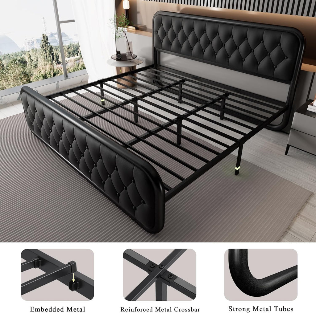 Feonase King Upholstered Platform Bed | Faux Leather Headboard with Metal Slat Support – Black