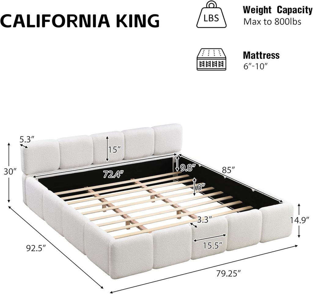 Merax California King Bouclé Platform Bed White | Upholstered Block Style Floor Bed Frame with Headboard & Footboard