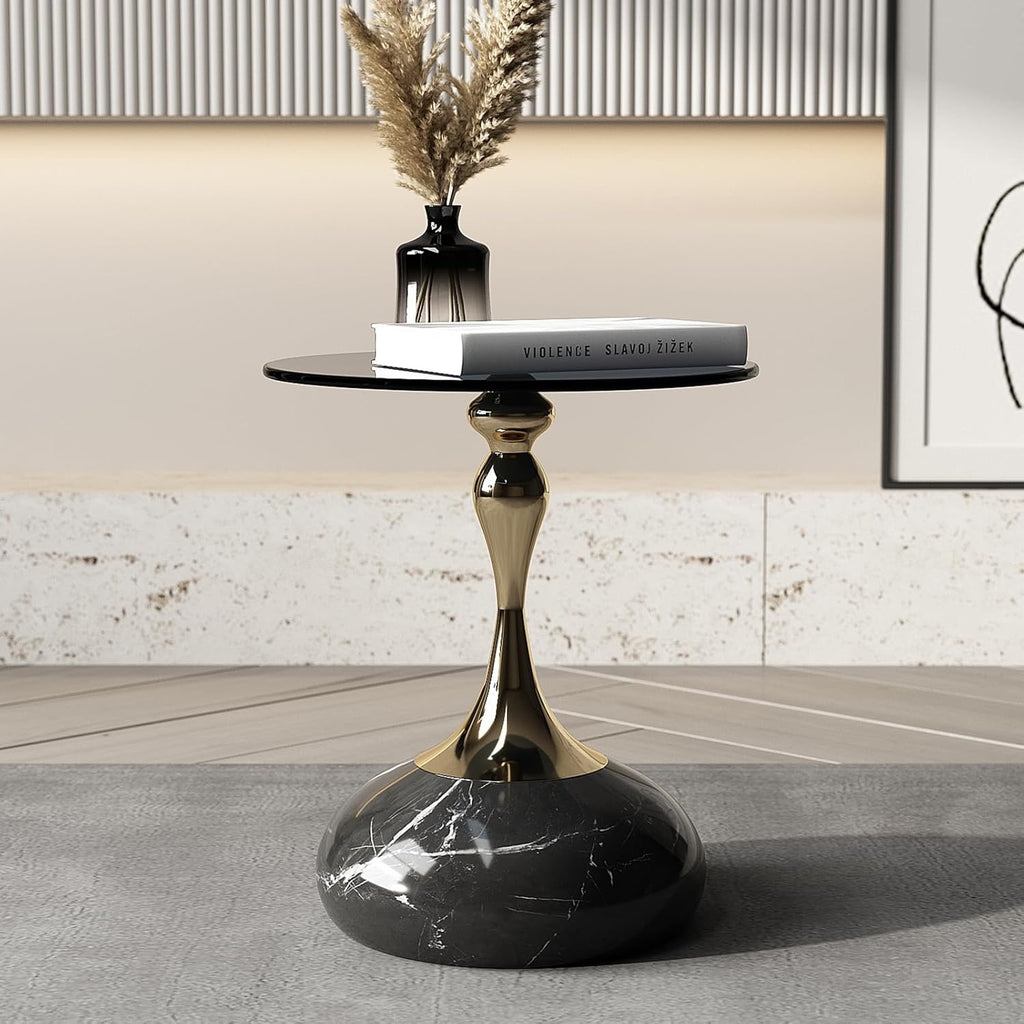 Lartis Tempered Glass Side Table | Gray Glass Accent Table with Marble Base & Gold/Black Frame