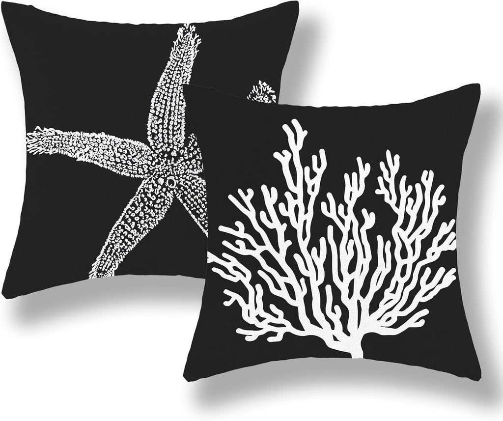 Coastal Starfish Pillow Covers 18x18 Set of 2 | Nautical Black Linen Throw Pillow Cases
