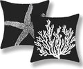 Coastal Starfish Pillow Covers 18x18 Set of 2 | Nautical Black Linen Throw Pillow Cases