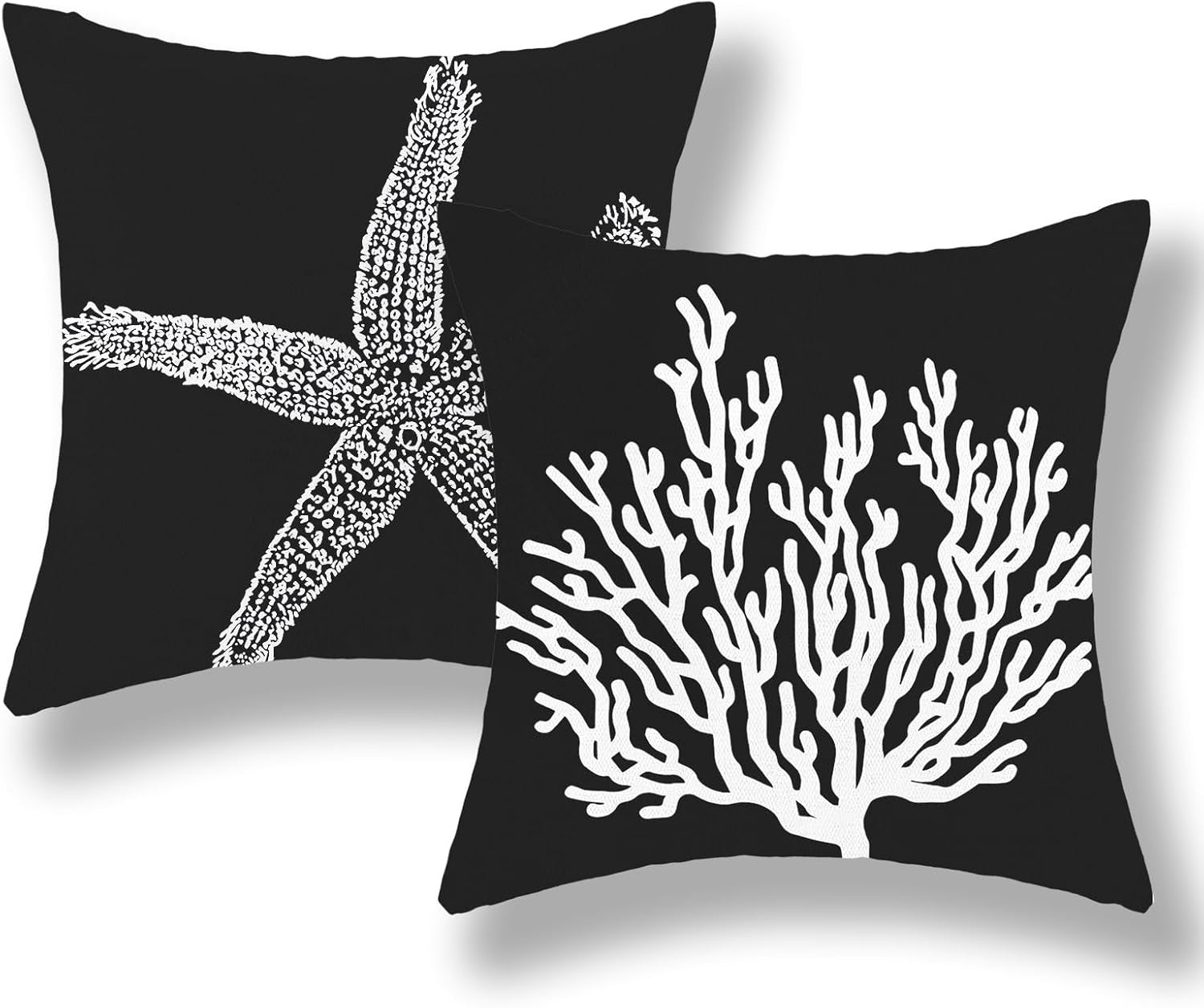 Coastal Starfish Pillow Covers 18x18 Set of 2 | Nautical Black Linen Throw Pillow Cases