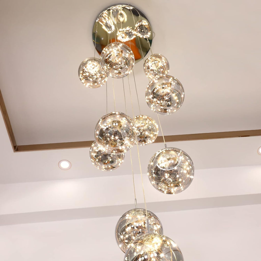 10-Light LED Staircase Crystal Chandelier | Modern Ceiling Light for High Ceilings (Grey, 50W)