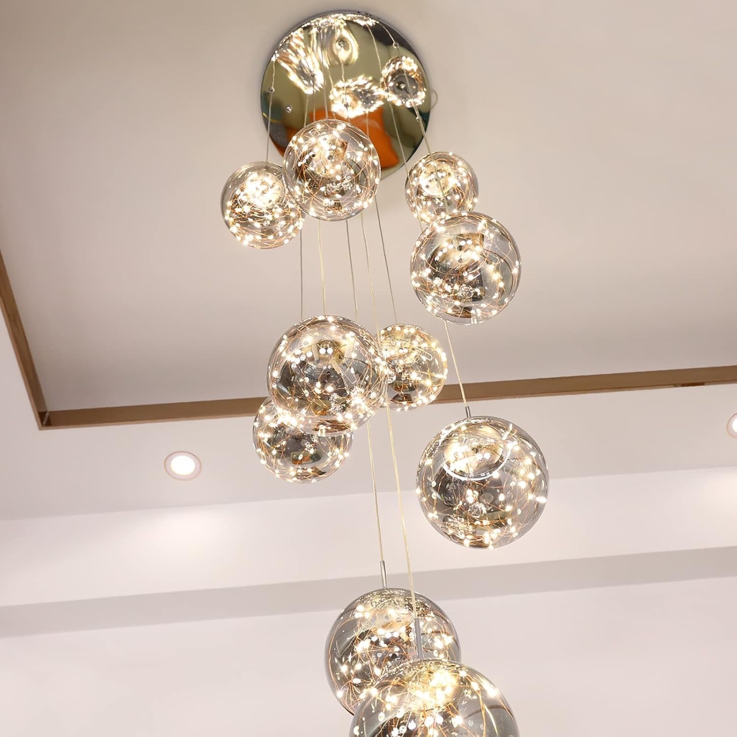 10-Light LED Staircase Crystal Chandelier | Modern Ceiling Light for High Ceilings (Grey, 50W)