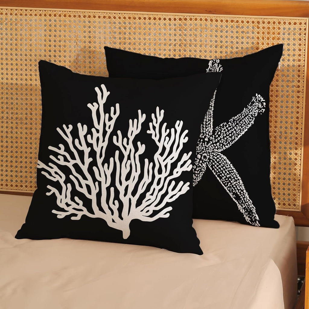 Coastal Starfish Pillow Covers 18x18 Set of 2 | Nautical Black Linen Throw Pillow Cases