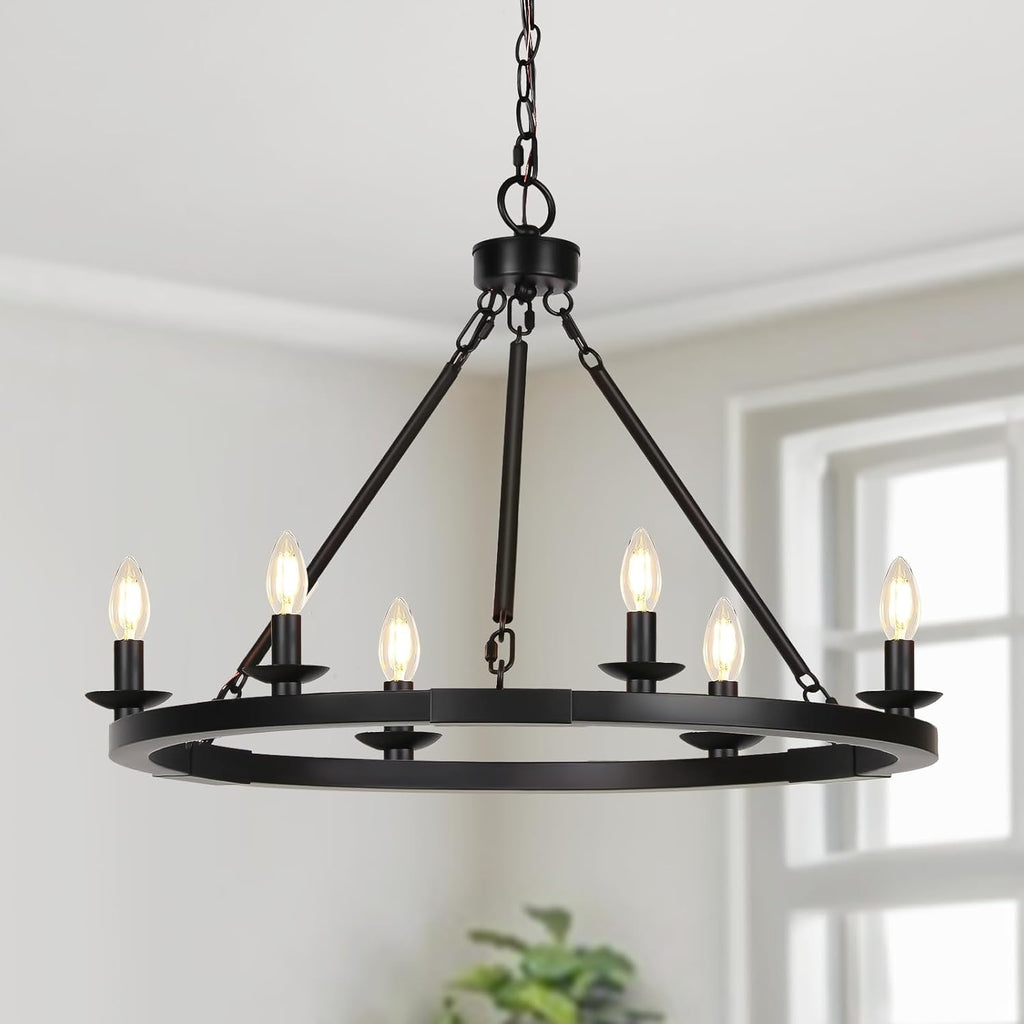 Black Farmhouse 6-Light Wagon Wheel Chandelier | Adjustable Height Dining & Kitchen Pendant (E12 Base)