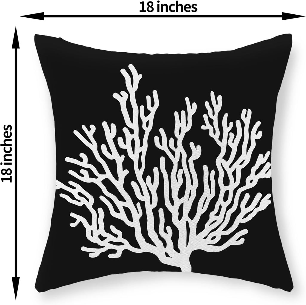 Coastal Starfish Pillow Covers 18x18 Set of 2 | Nautical Black Linen Throw Pillow Cases
