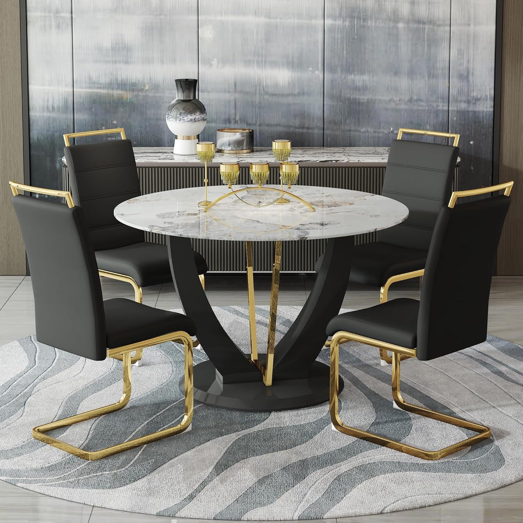 JUFU 48" Round Faux Marble Dining Table Set for 4 | Modern Upholstered Dining Chairs
