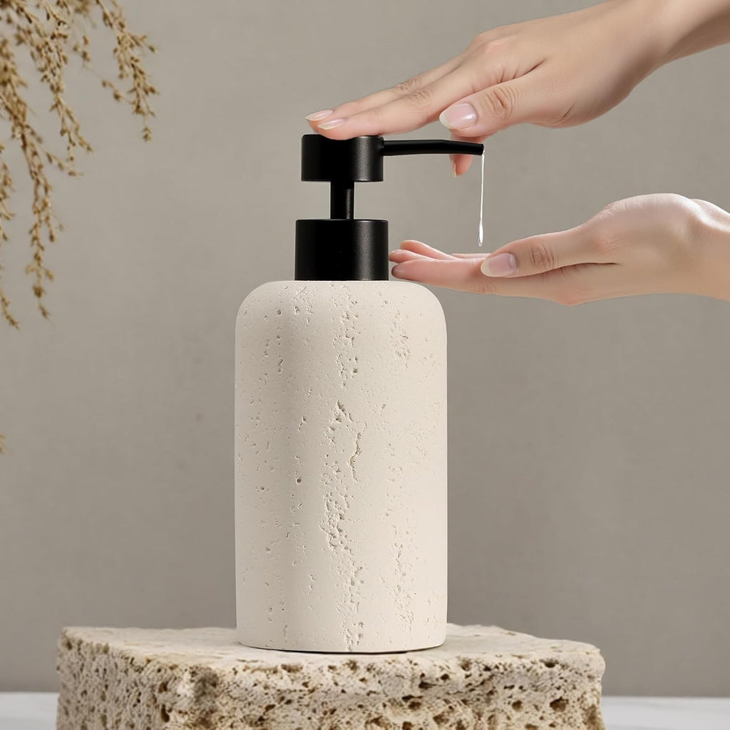 Travertine Soap Dispenser Set 2 PCS 13.5 oz | Cream Stone Pump Bottles for Kitchen & Bathroom