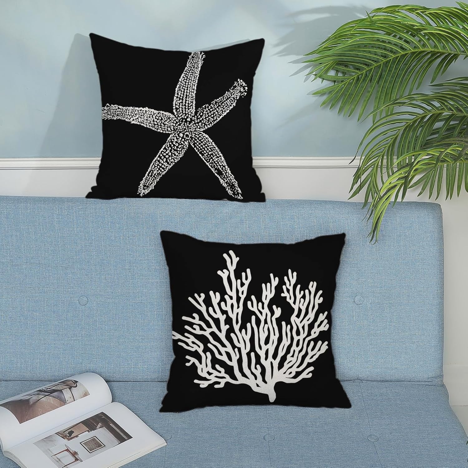Coastal Starfish Pillow Covers 18x18 Set of 2 | Nautical Black Linen Throw Pillow Cases