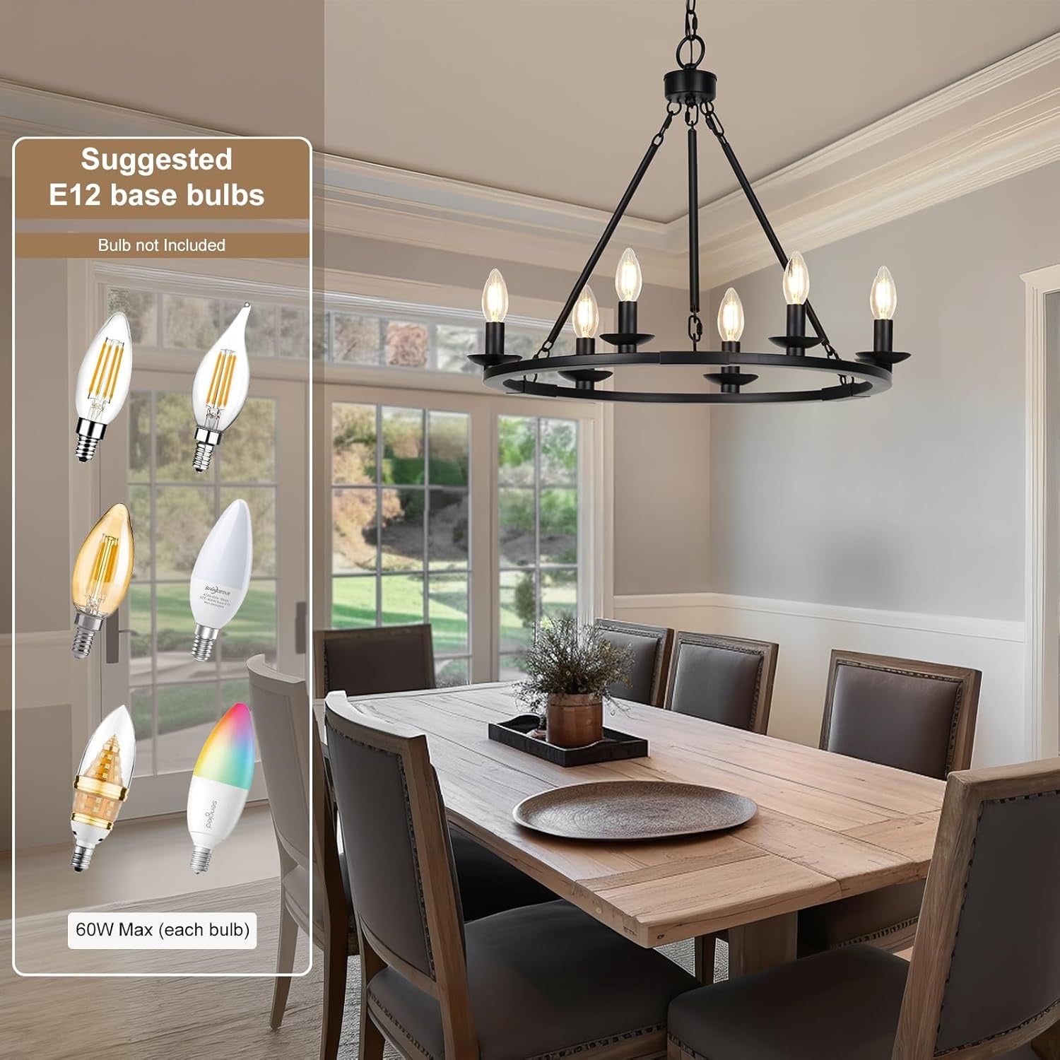 Black Farmhouse 6-Light Wagon Wheel Chandelier | Adjustable Height Dining & Kitchen Pendant (E12 Base)