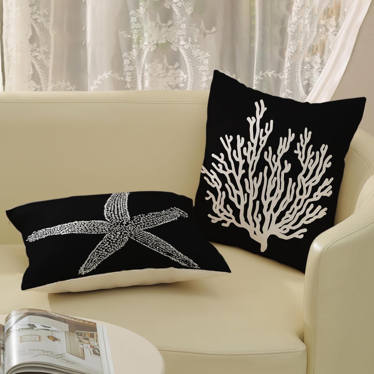 Coastal Starfish Pillow Covers 18x18 Set of 2 | Nautical Black Linen Throw Pillow Cases