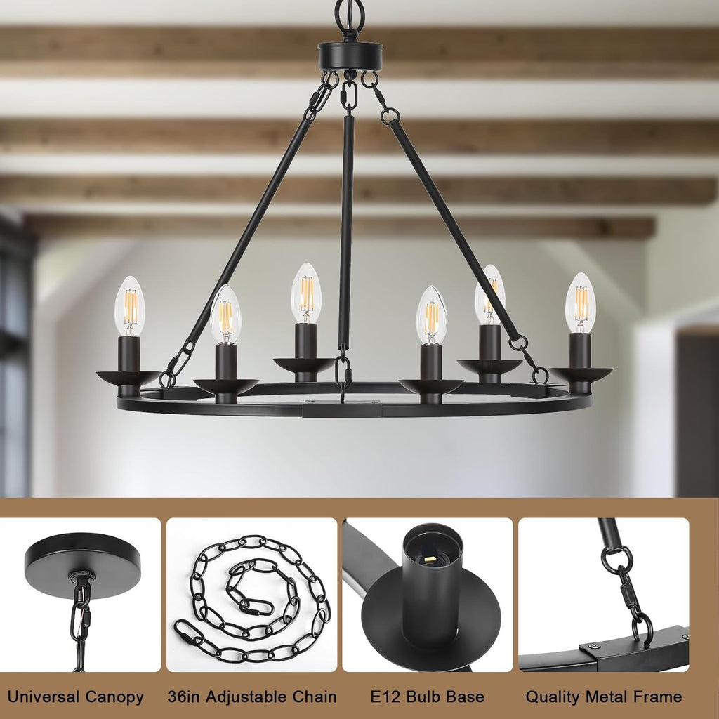 Black Farmhouse 6-Light Wagon Wheel Chandelier | Adjustable Height Dining & Kitchen Pendant (E12 Base)