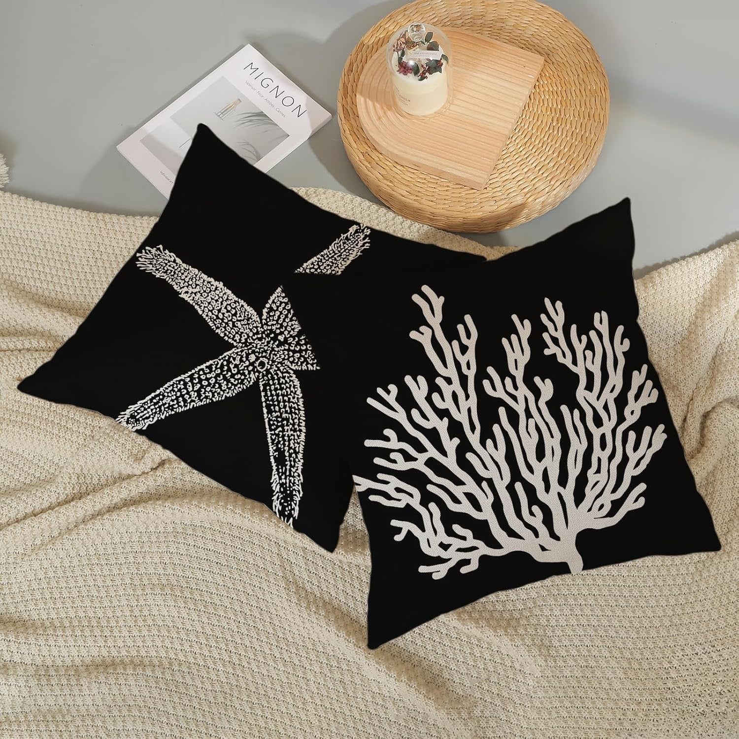 Coastal Starfish Pillow Covers 18x18 Set of 2 | Nautical Black Linen Throw Pillow Cases