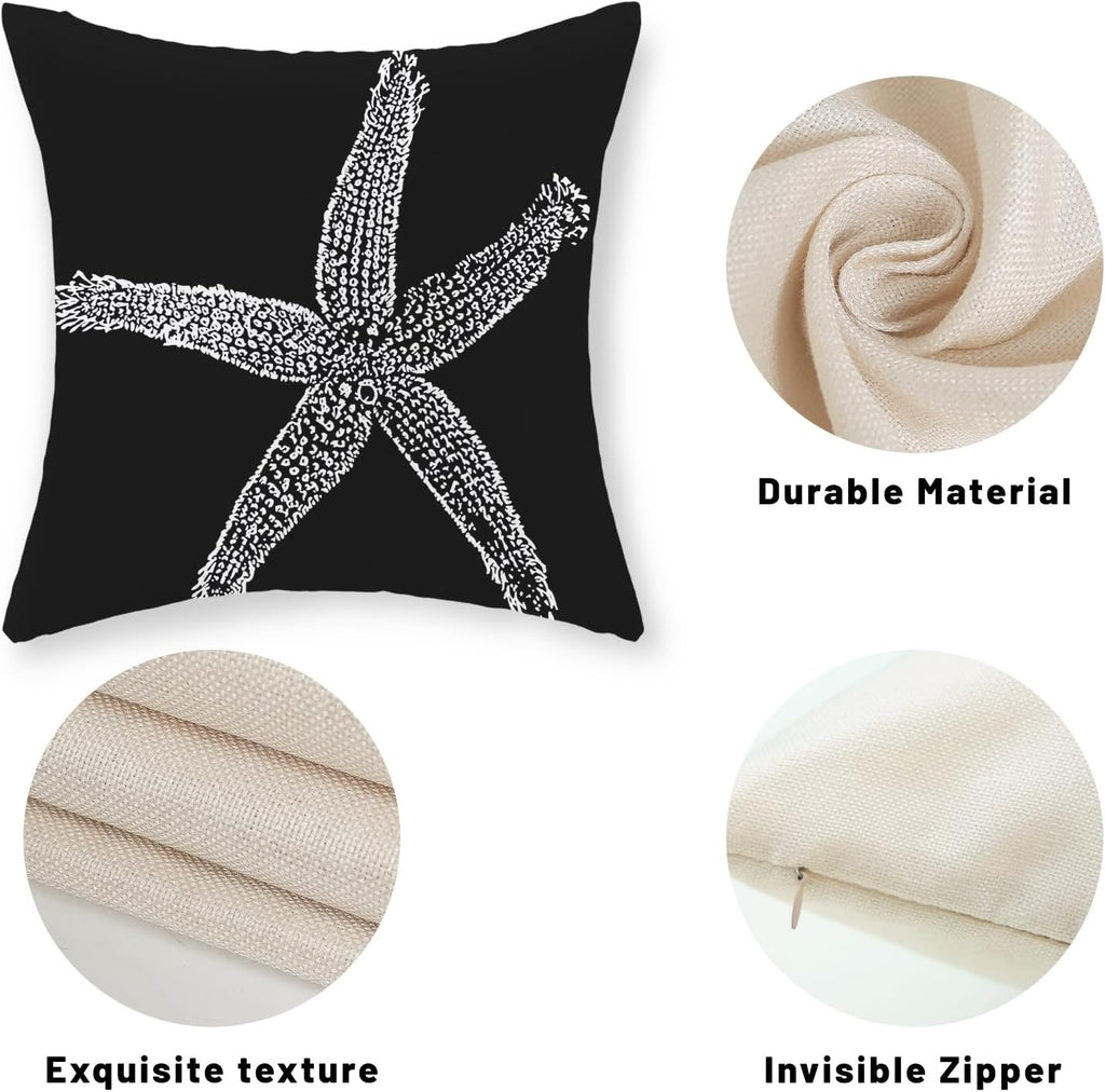 Coastal Starfish Pillow Covers 18x18 Set of 2 | Nautical Black Linen Throw Pillow Cases