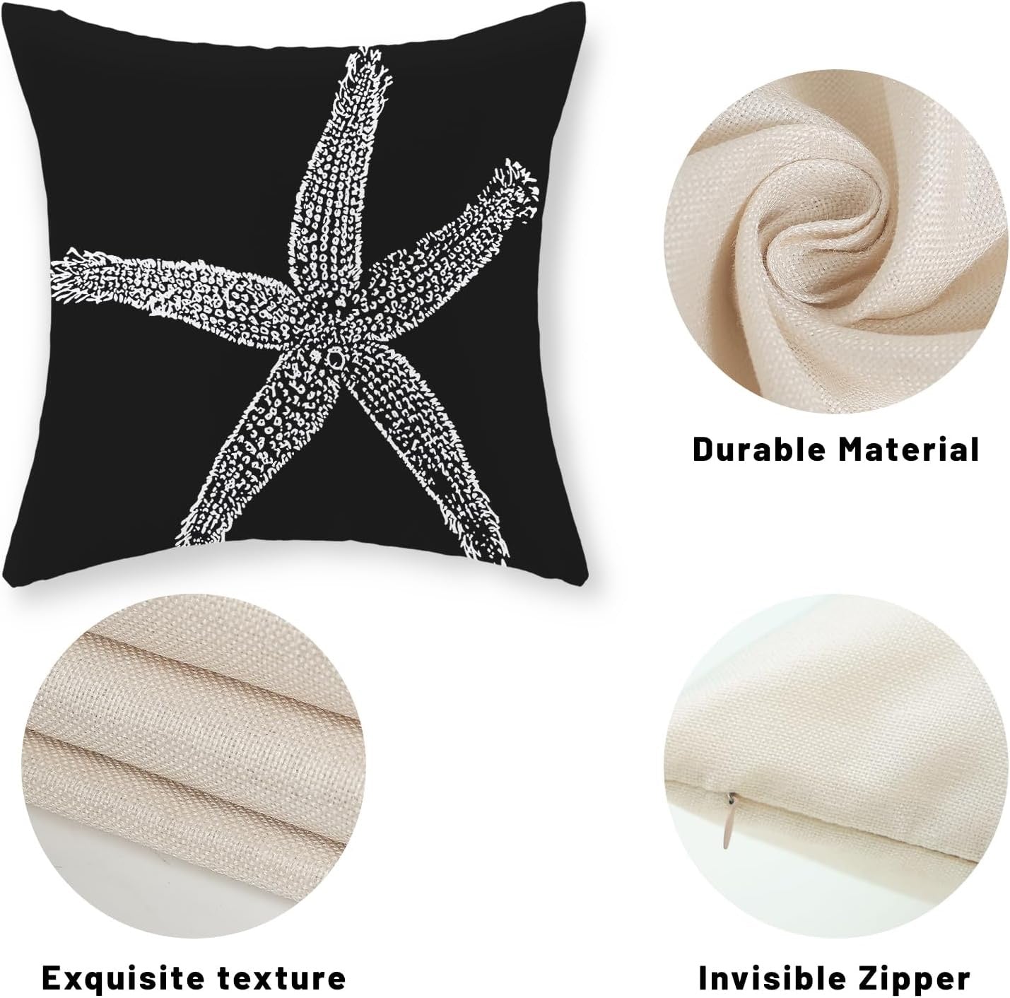 Coastal Starfish Pillow Covers 18x18 Set of 2 | Nautical Black Linen Throw Pillow Cases