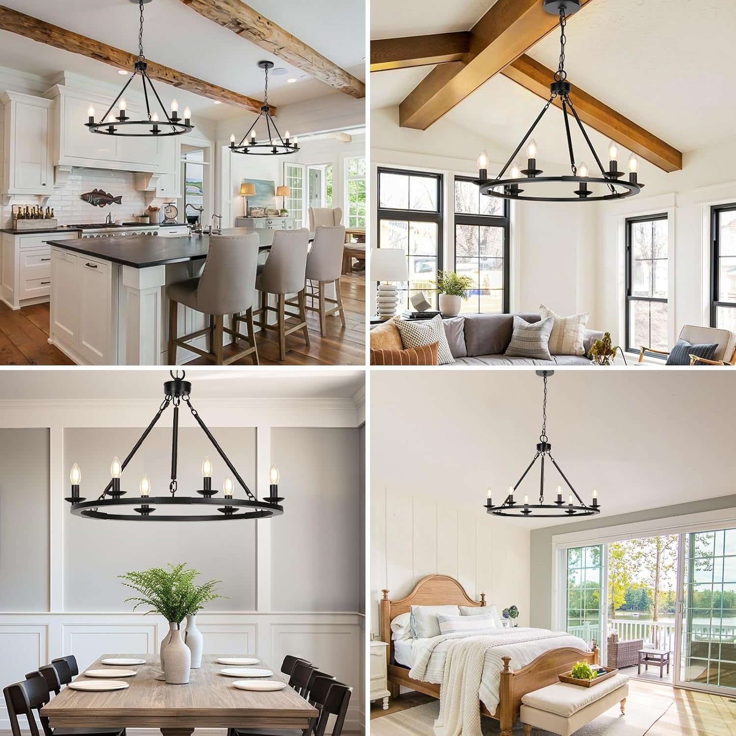 Black Farmhouse 6-Light Wagon Wheel Chandelier | Adjustable Height Dining & Kitchen Pendant (E12 Base)