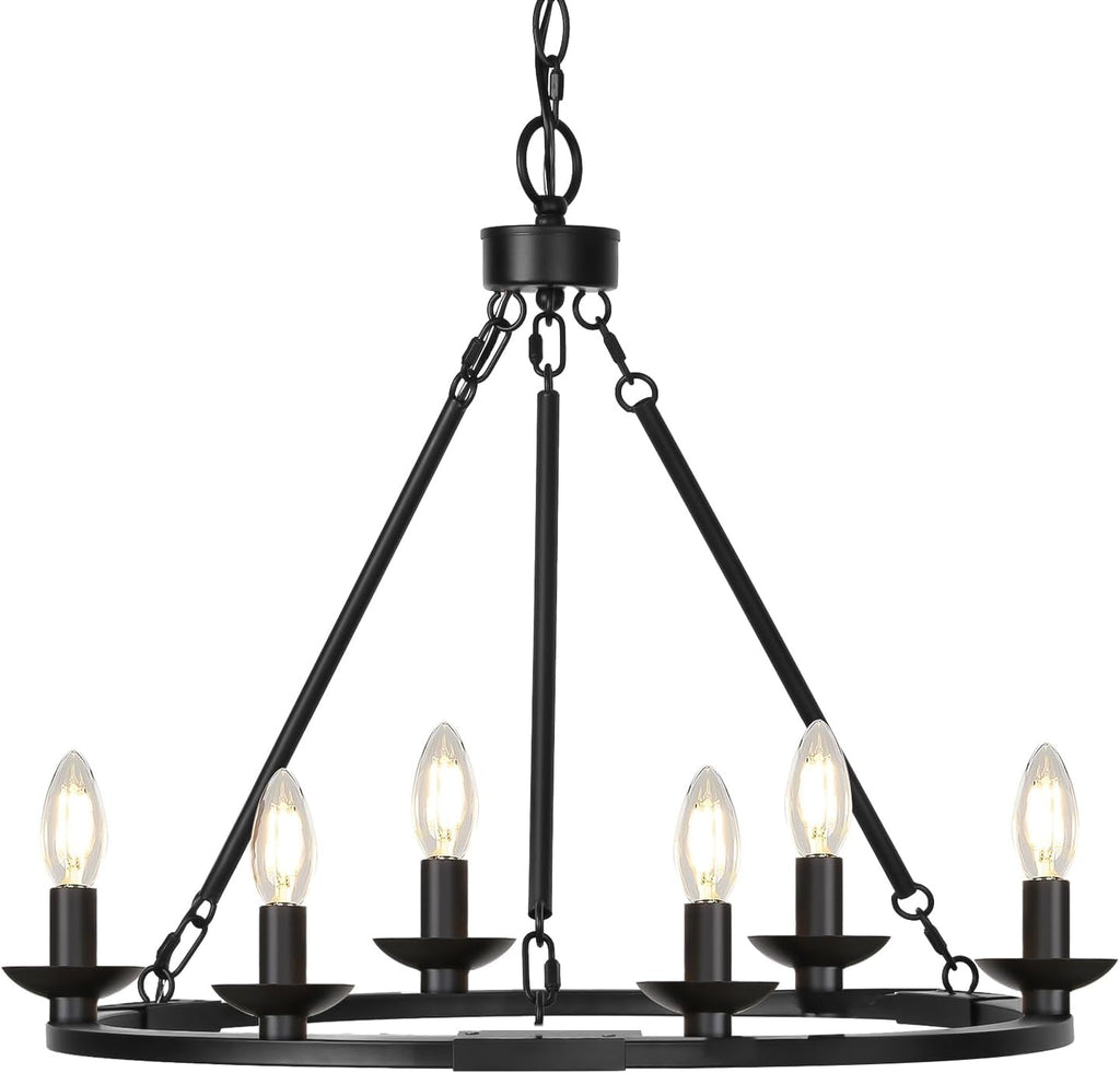 Black Farmhouse 6-Light Wagon Wheel Chandelier | Adjustable Height Dining & Kitchen Pendant (E12 Base)