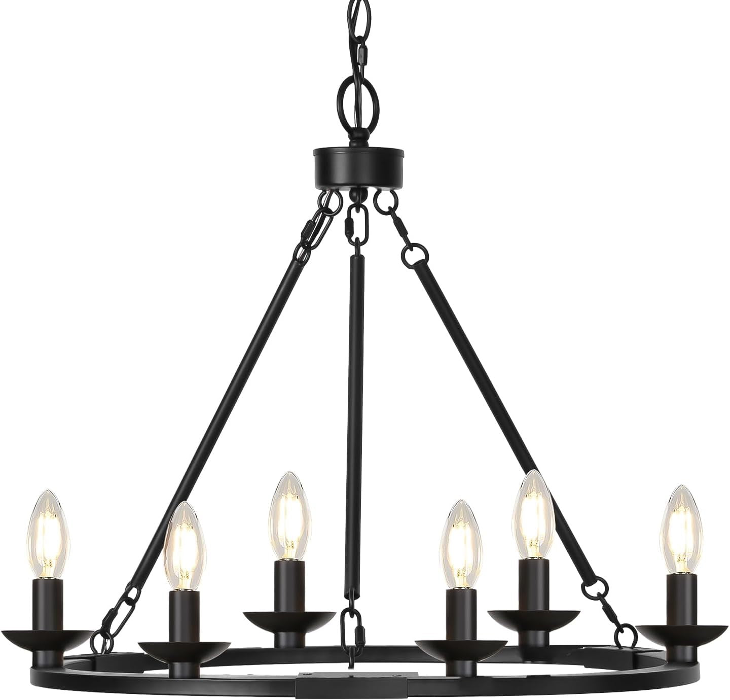 Black Farmhouse 6-Light Wagon Wheel Chandelier | Adjustable Height Dining & Kitchen Pendant (E12 Base)