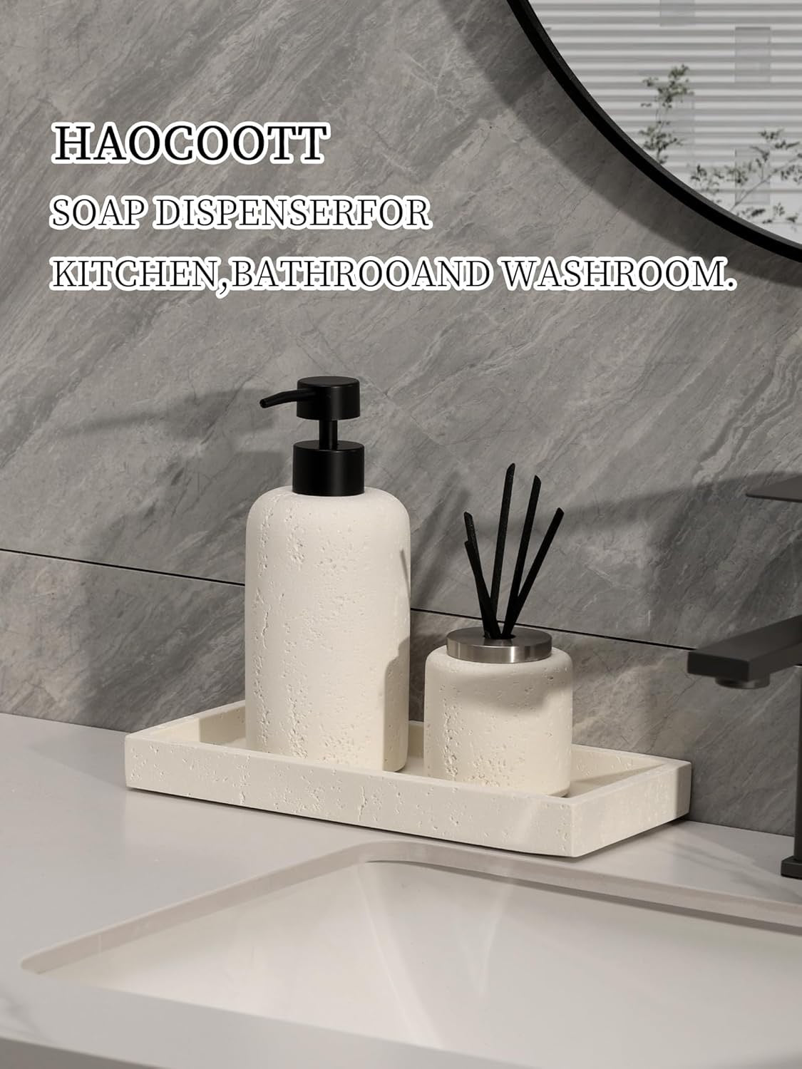 Travertine Soap Dispenser Set 2 PCS 13.5 oz | Cream Stone Pump Bottles for Kitchen & Bathroom