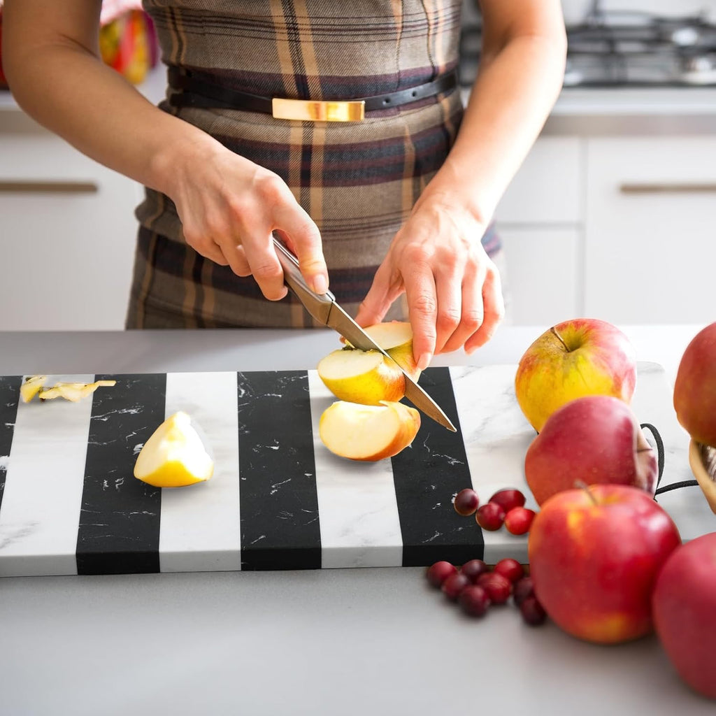 Patelai Marble Cutting Board 6x16 Striped Marble Serving Tray with Leather Tie Easy Clean Kitchen Board