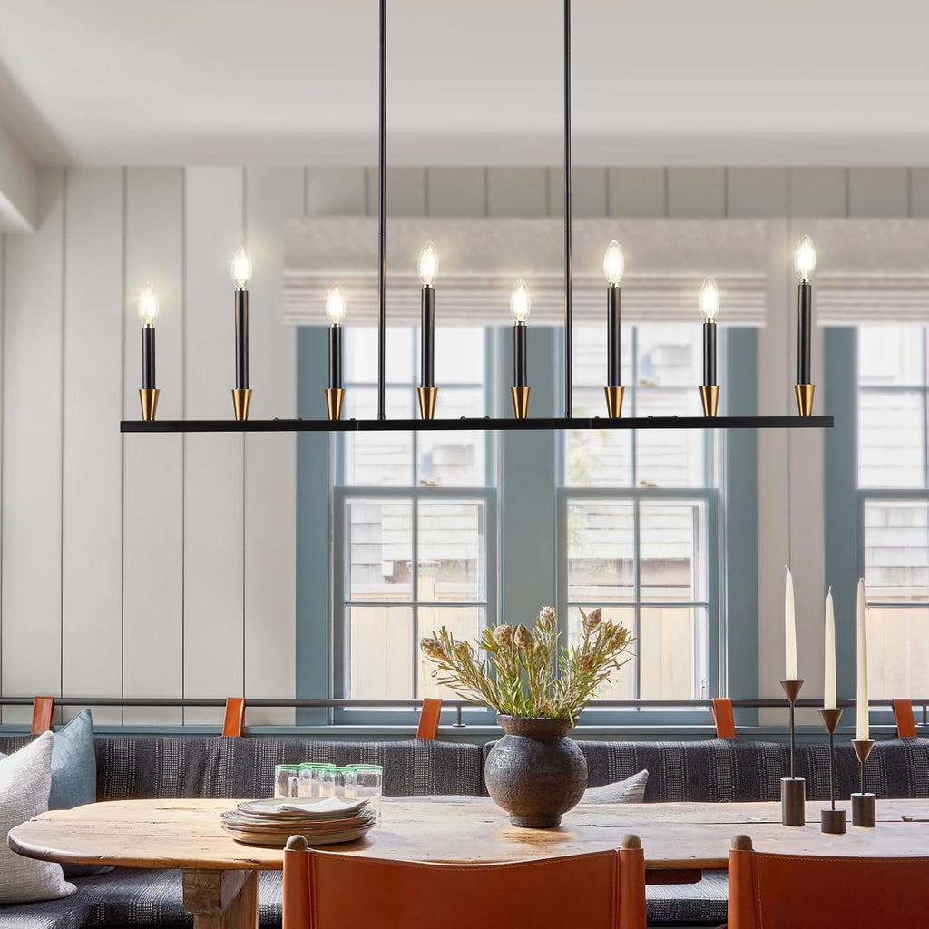 Linear 8-Light Black & Gold Dining Room Chandelier | Modern Mid-Century Pendant Light (46″)