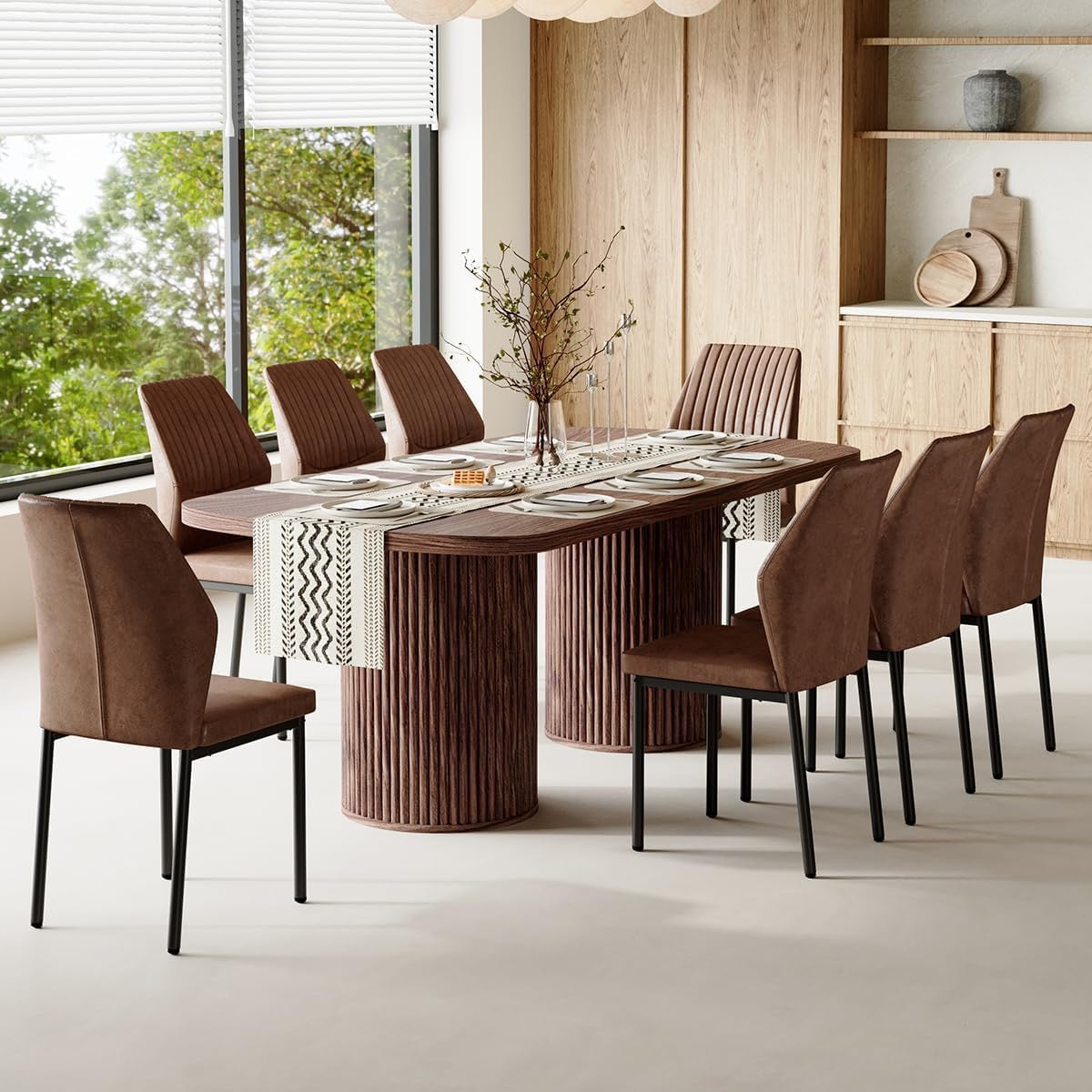 79" Walnut Mid-Century Dining Table Set for 8 | Modern Rectangular Table with Cushioned Chairs