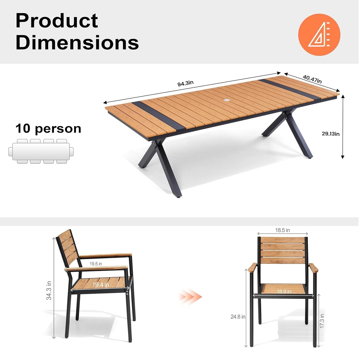 Pellebant 11-Piece Aluminum Patio Dining Set | 94” Outdoor Table with Stackable Chairs & Teak-Grain Finish