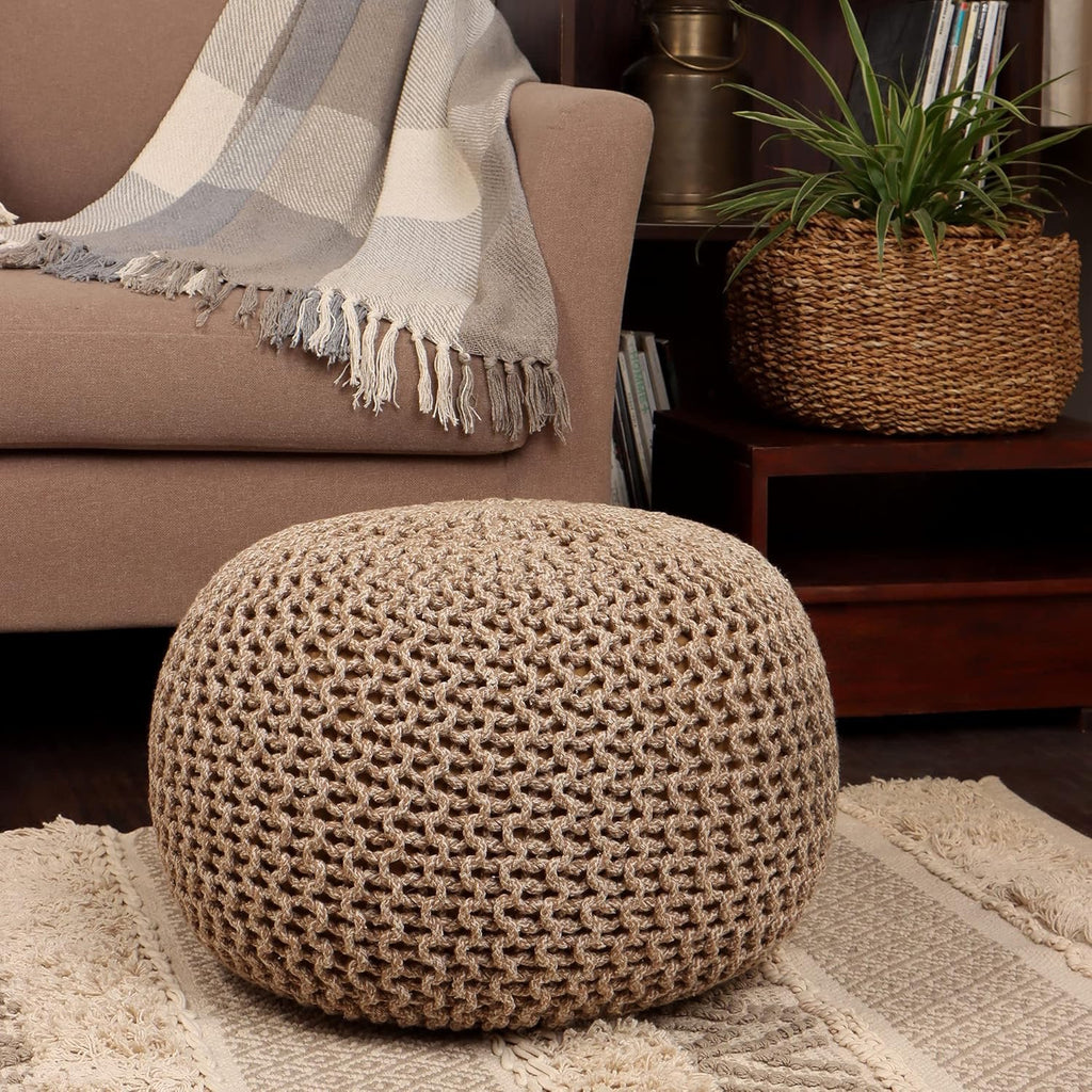 REDEARTH Hand-Knitted Cotton Pouf Ottoman | Round Cable Knit Pouffe – Beige Ivory