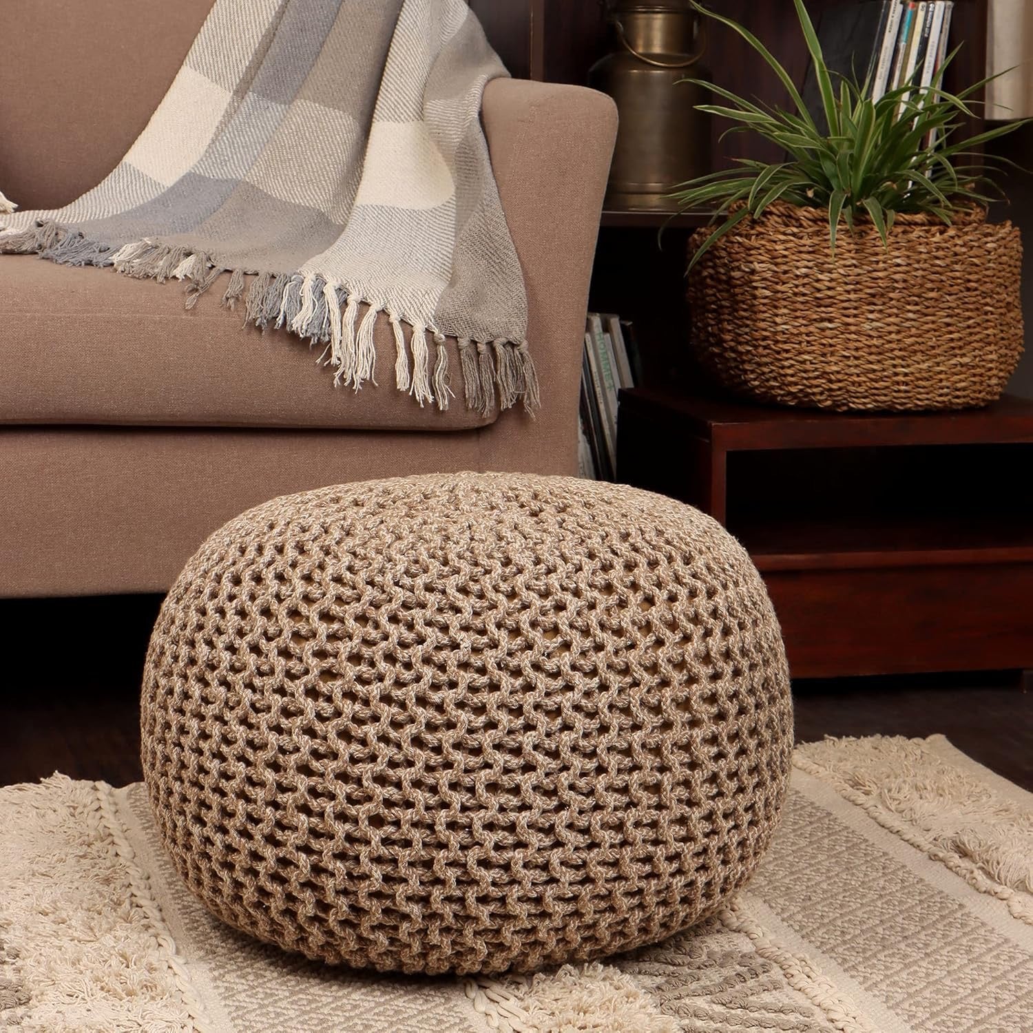 REDEARTH Hand-Knitted Cotton Pouf Ottoman | Round Cable Knit Pouffe – Beige Ivory