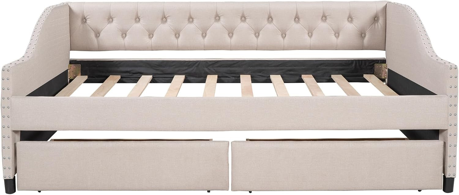 Flieks Linen Upholstered Full Daybed with Storage Drawers | Button-Tufted Sofa Bed with Nailhead Trim – Black