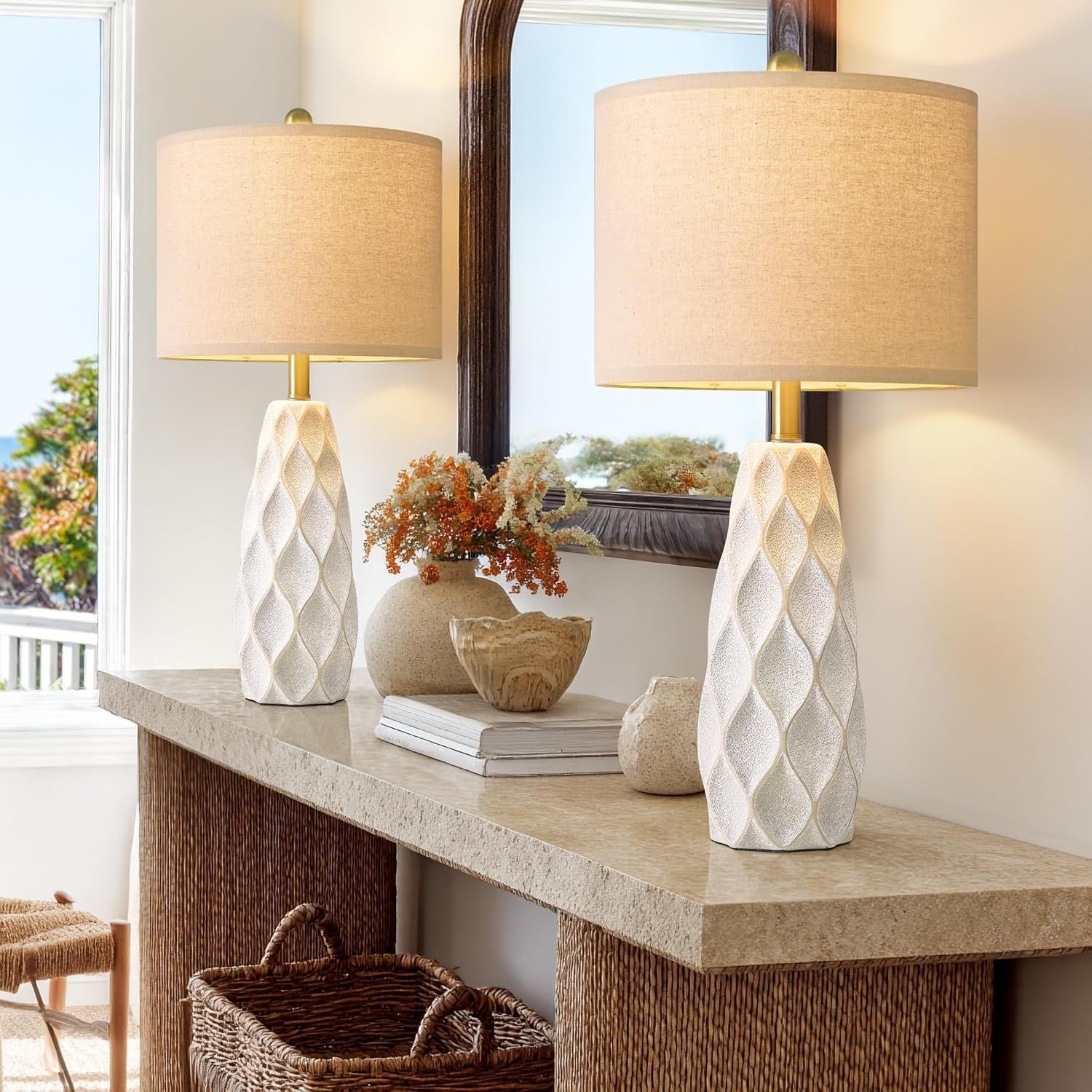 27.5″ Ceramic Table Lamps (Set of 2) | Modern Boho Bedside & Living Room Lamps (White)