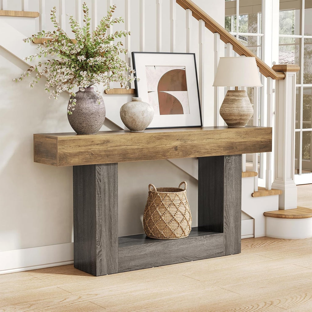LITTLE TREE 63” Farmhouse Console Table | 2-Tier Wooden Sofa Table for Entryway & Living Room (Rustic Brown & Grey)