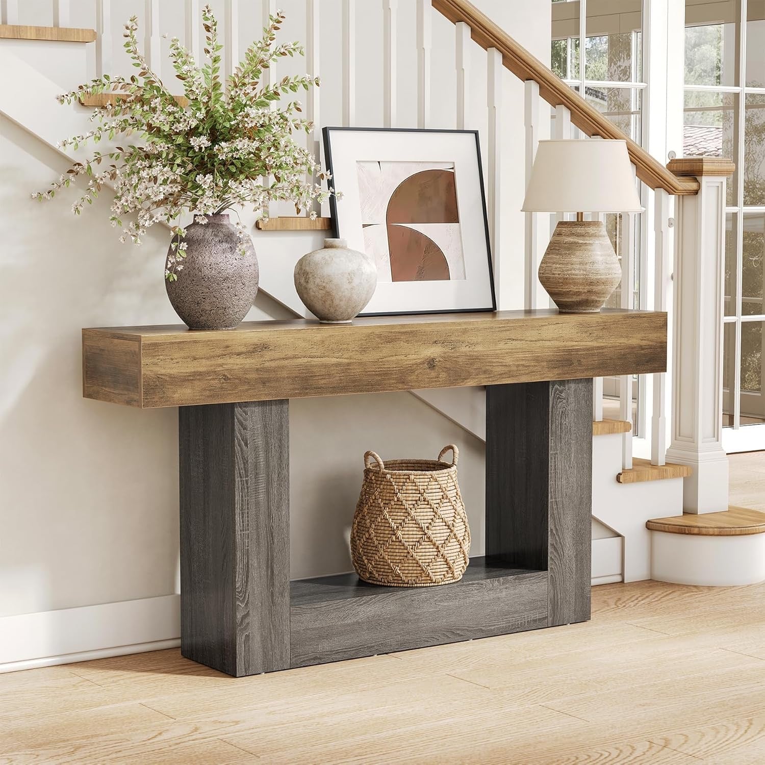 LITTLE TREE 63” Farmhouse Console Table | 2-Tier Wooden Sofa Table for Entryway & Living Room (Rustic Brown & Grey)