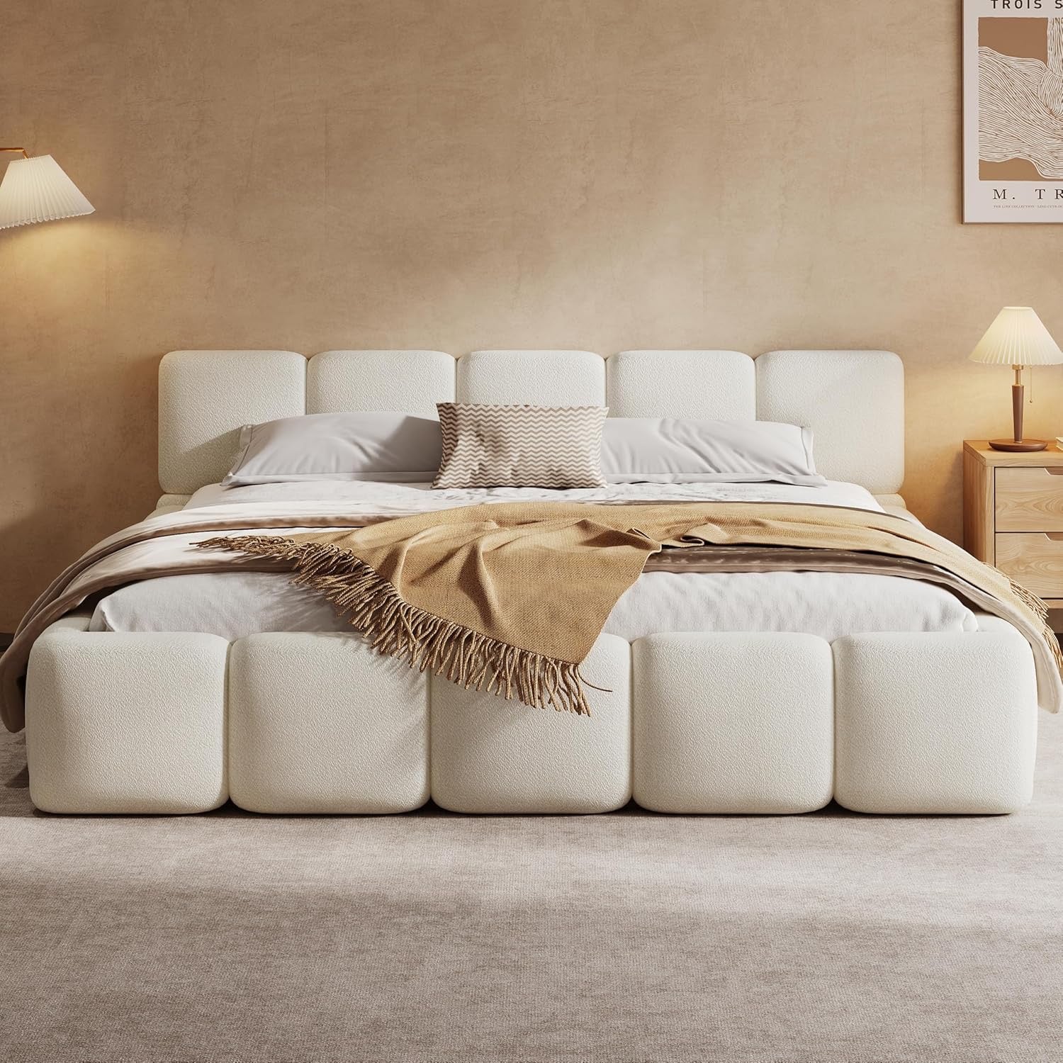 Merax California King Bouclé Platform Bed White | Upholstered Block Style Floor Bed Frame with Headboard & Footboard
